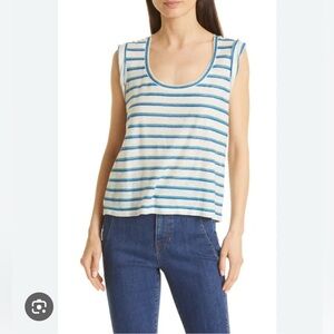 Veronica Beard Shirt Womens Size S Arion Striped Linen Muscle Tee Green Blue